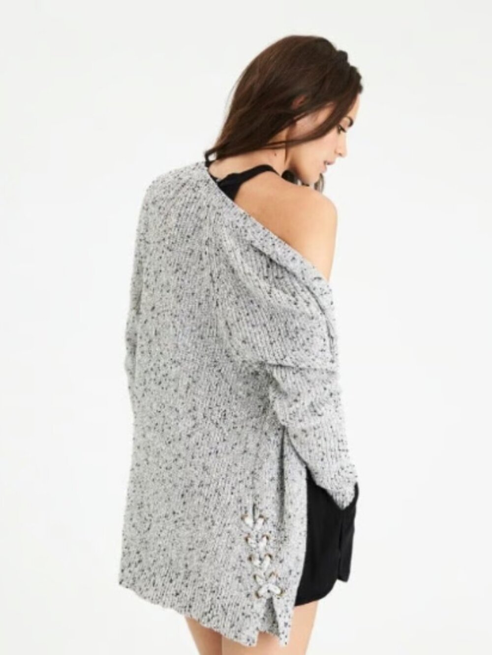 AMERICAN EAGLE Women's Small Black White Open Knit Side Lace Up Detail Cardigan